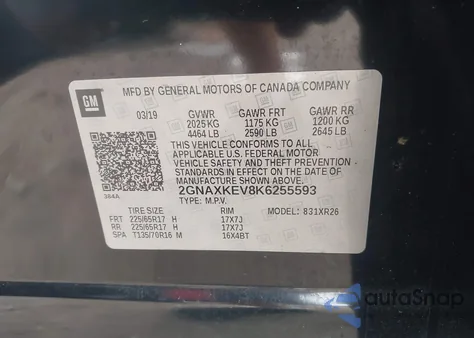 2019 Chevrolet Equinox Lt z USA, uszkodzony, nr VIN 2GNAXKEV8K6255593